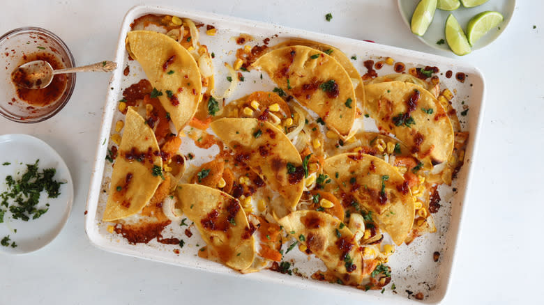 squash and corn quesadilla on tray