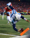 <p>Quarterback Marcus Mariota #8 of the Tennessee Titans dives for the end zone to score a touchdown during the AFC Wild Card playoff game against the Kansas City Chiefs at Arrowhead Stadium on January 6, 2018 in Kansas City, Missouri. (Photo by Dilip Vishwanat/Getty Images) </p>