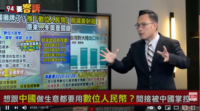 資深媒體人汪潔民在《94要客訴》表示，若中國使用「數位人民幣」到極致的話，台灣貿易很容易受影響