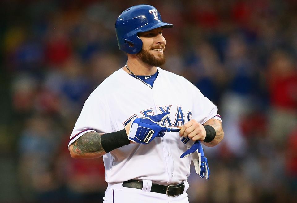 ARLINGTON, TX - MAY 28:  Josh Hamilton #32 of the Texas Rangers smiles on base after hitting a double against the Boston Red Sox in the second inning at Globe Life Park in Arlington on May 28, 2015 in Arlington, Texas.  (Photo by Ronald Martinez/Getty Images)