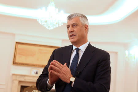Kosovo's President Hashim Thaci speaks during an interview with Reuters in his office in Pristina, Kosovo, February 13, 2018. REUTERS/Hazir Reka
