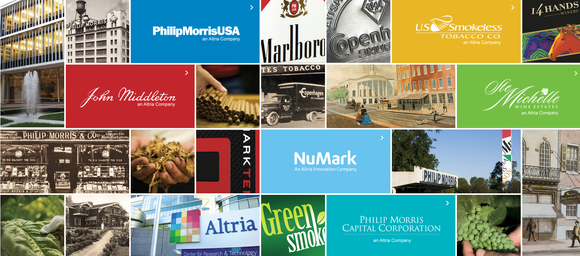 Collage of Altria's business units, including corporate logos, products, and production facilities.