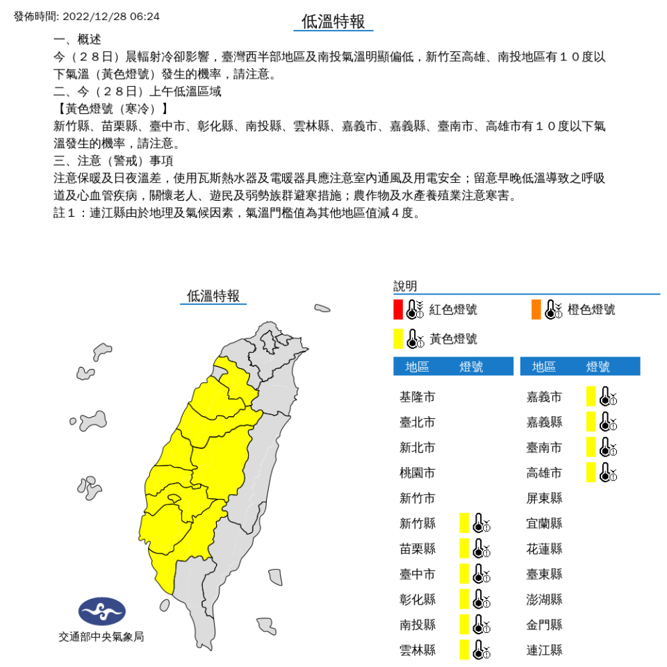 中央氣象局針對10縣市發布低溫特報。（圖片來源：中央氣象局）
