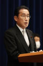 Japanese Prime Minister Fumio Kishida speaks during a press conference at the prime minister's official residence, Wednesday, Aug. 10, 2022, in Tokyo. Kishida reshuffled his Cabinet on Wednesday in an apparent bid to distance his administration from the conservative Unification Church over its ties to the assassinated leader Shinzo Abe and senior ruling party members. (Rodrigo Reyes Marin/Pool Photo via AP)