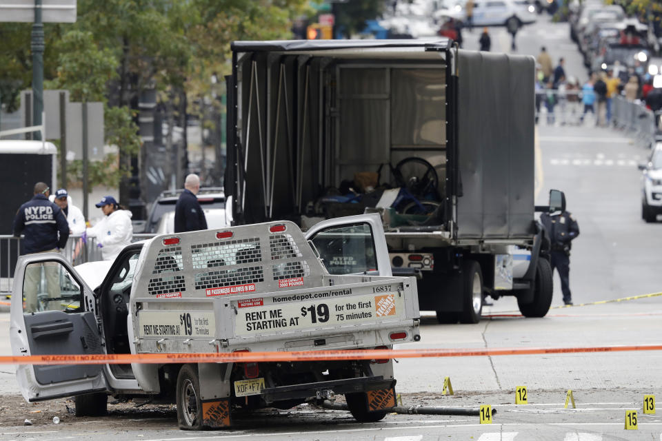 FILE - This Nov. 1, 2017 file photo shows a damaged Home Depot truck the scene where the previous day the driver of the truck mowed down and killed eight people on a riverfront bike path in New York a year ago. Under President Donald Trump, federal death penalty cases are increasing with his attorney general, Jeff Sessions, approving least a dozen death penalty prosecutions over the past two years, whicn includes the man charged in the Oct. 31, 2017 bike path killings in New York. (AP Photo/Mark Lennihan, File)