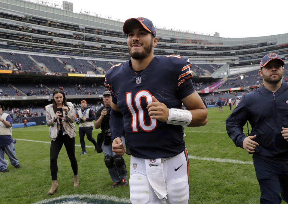 Chicago Bears quarterback Mitchell Trubisky had an enormous day in a blowout Bears win. (AP)