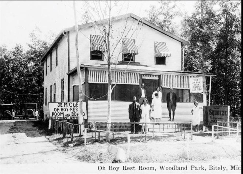 The “Oh Boy Rest Room” – a bait store and early bed and breakfast at the Woodland Park resort in Bitely – is pictured in the 1930s. John McCue ran the business, named for his habit of wringing his hands and saying, “Oh, Dear!,” a lot.