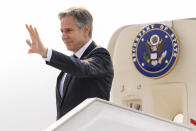 Secretary of State Antony Blinken arrives at N'Djili International Airport in Kinshasa, Congo, Tuesday, Aug. 9, 2022. Blinken is on a ten day trip to Cambodia, Philippines, South Africa, Congo, and Rwanda. (AP Photo/Andrew Harnik, Pool)