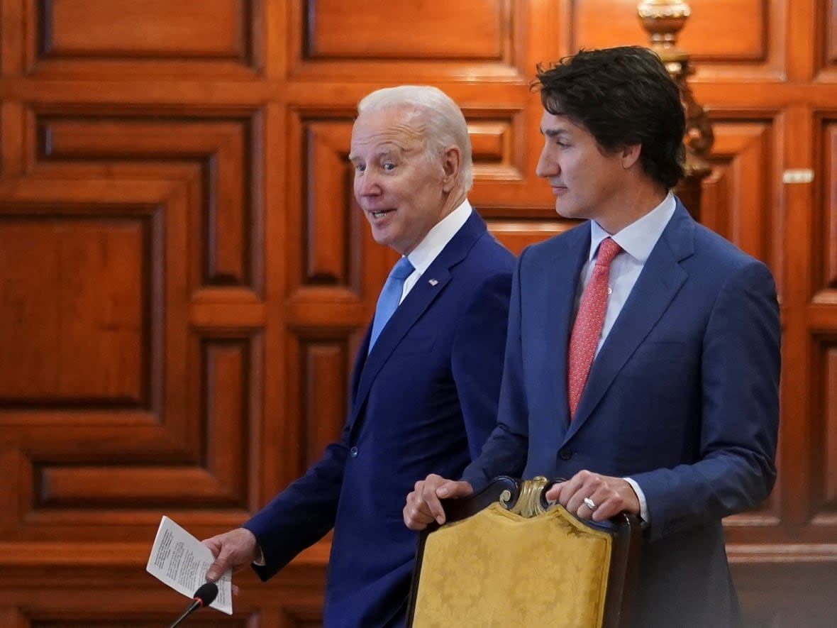 Prime Minister Justin Trudeau and U.S. President Joe Biden meet during the North American Leaders' Summit in Mexico in January. Biden will travel to Canada this week for his first in-person official visit as president. (Kevin Lamarque/Reuters - image credit)