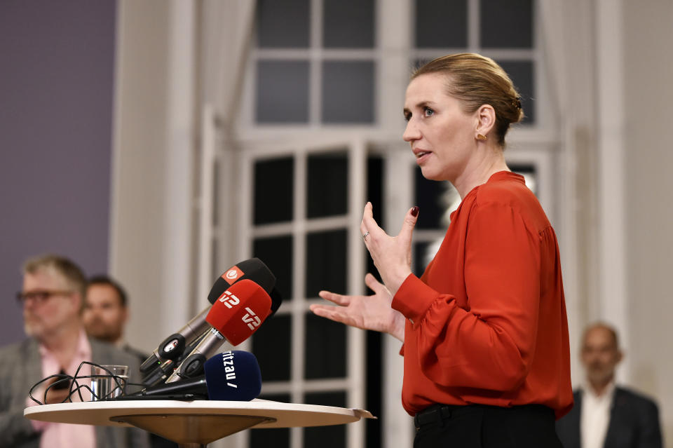 Mette Frederiksen of The Danish Social Democrats address the media after finalizing the government negotiations shortly after midnight at Christiansborg Castle in Copenhagen, Denmark, early Wednesday June 26, 2019. Frederiksen announced that The Danish Social Democrats will form a minority government backed by three other left-wing parties. (Mads Claus Rasmussen/Ritzau Scanpix via AP)