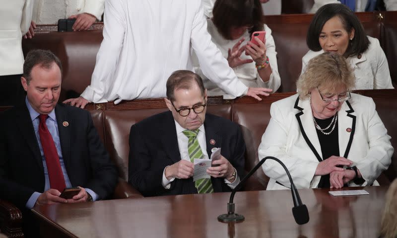House impeachment managers Reps. Schiff (D-CA), Nadler (D-NY) and Lofgren (D-CA) sit together prior to U.S. President Trump's State of the Union address at the U.S. Capitol in Washington