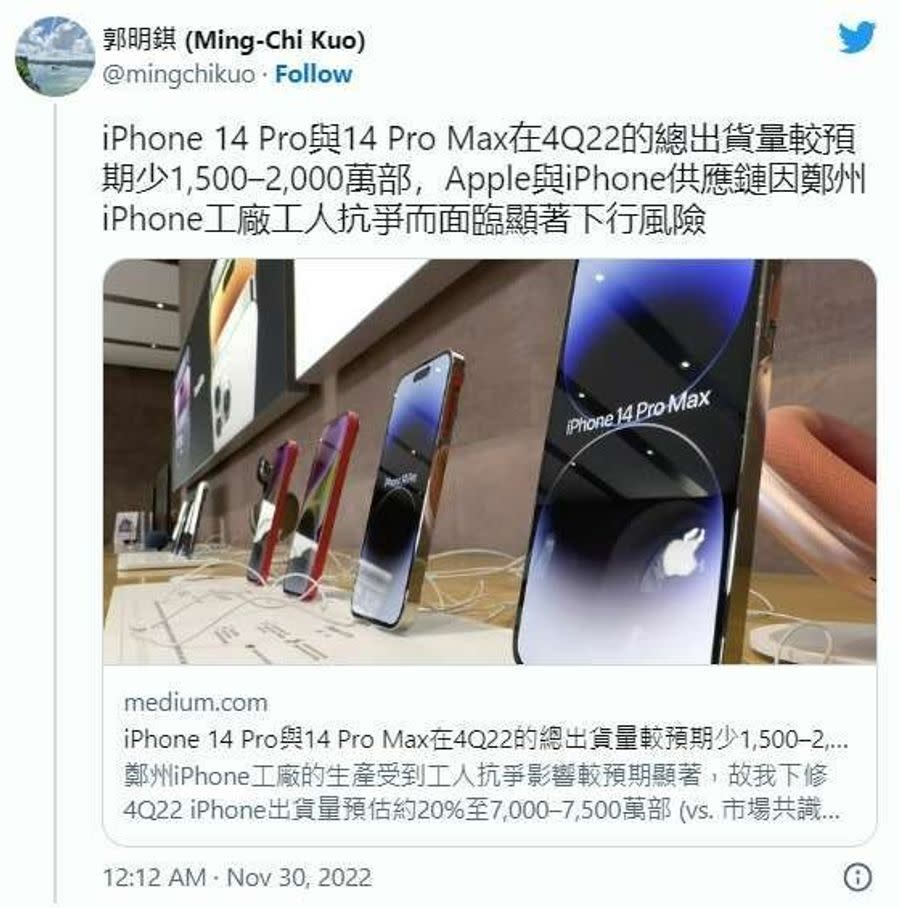 郭明錤下修高階 iPhone 14 出貨預期 圖/Twitter