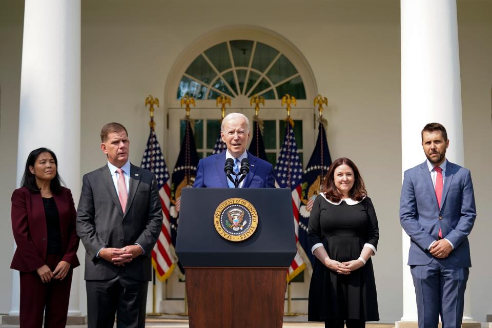 President Joe Biden with Deputy Secretary of Labor Julie Su, Secretary of Labor Marty Walsh speaks about a tentative railway labor agreement on Sept. 15, 2022.