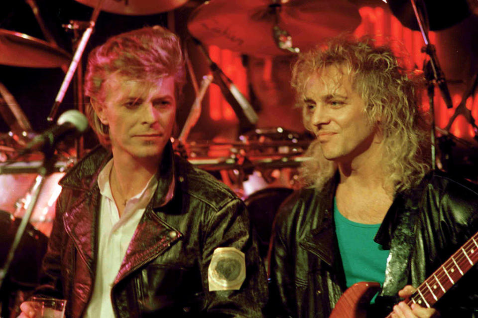 In 1987, Bowie embarked on his Glass Spider tour, with Peter Frampton playing guitar in the live lineup. Here, the two rock legends are pictured at a March 18, 1987 news conference in New York where Bowie announced his North American tour.