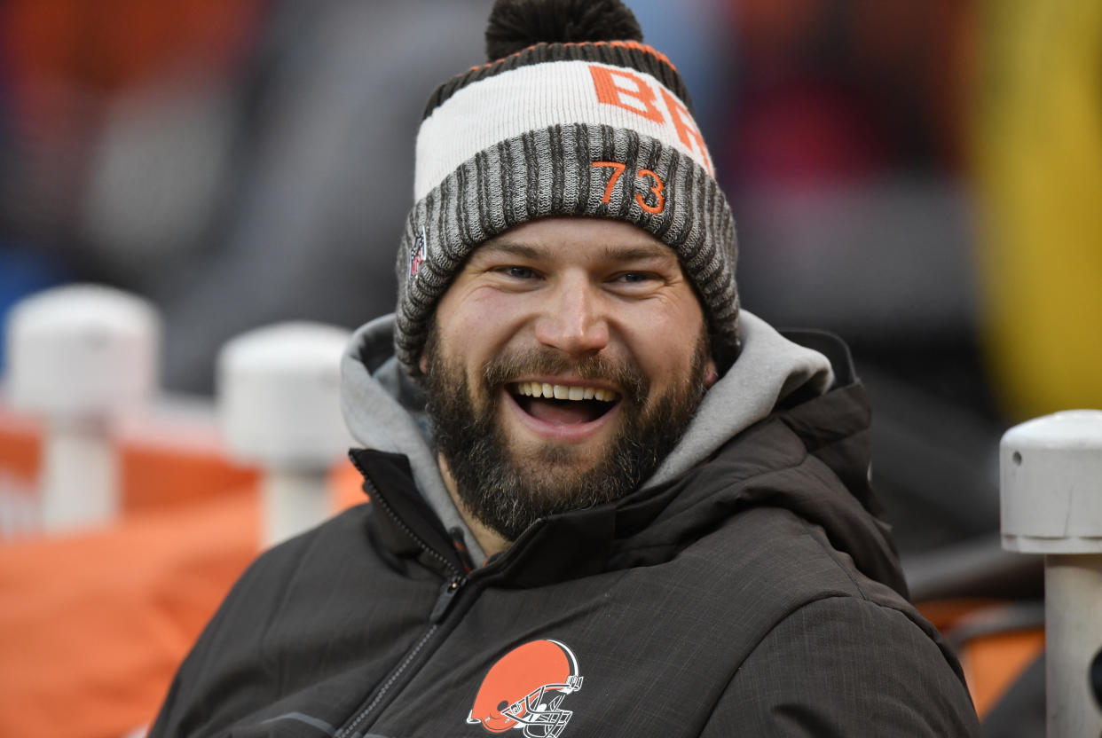 FILE - In this Dec. 10, 2017, file photo, Cleveland Browns offensive tackle Joe Thomas sits on the bench during an NFL football game between the Cleveland Browns and the Green Bay Packers, in Cleveland. Thomas was selected to the 2010s NFL All-Decade Team announced Monday, April 6, 2020, by the NFL and the Pro Football Hall of Fame. (AP Photo/David Richard)