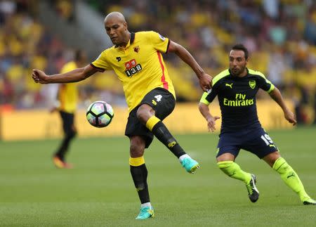 Football Soccer Britain - Watford v Arsenal - Premier League - Vicarage Road - 27/8/16 Watford's Younes Kaboul in action with Arsenal's Santi Cazorla Action Images via Reuters / Andrew Boyers Livepic