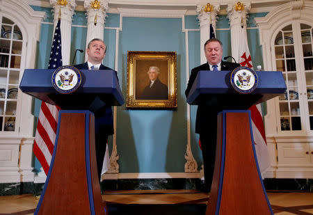 U.S. Secretary of State Mike Pompeo meets with Georgia's Prime Minister Giorgi Kvirikashvili and delivers remarks at their Georgia Strategic Partnership meeting at the State Department in Washington, U.S., May 21, 2018. REUTERS/Leah Millis