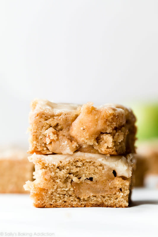 <p>Sally's Baking Addiction</p><p>These soft and chewy brown butter apple blondies combine cinnamon-spiced apples, brown sugar and flavorful brown butter. </p><p><strong>Get the recipe: <em><a href="https://sallysbakingaddiction.com/brown-butter-apple-blondies/" rel="nofollow noopener" target="_blank" data-ylk="slk:Brown Butter Apple Blondies;elm:context_link;itc:0;sec:content-canvas" class="link ">Brown Butter Apple Blondies</a></em></strong></p>