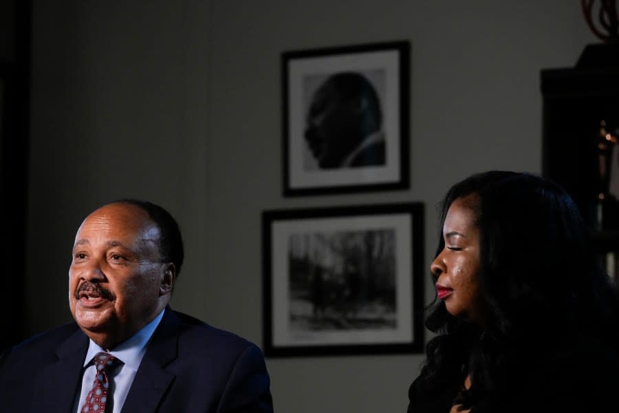 Martin Luther King III, left, and Arndrea Waters King sit for an interview with the Associated Press on Wednesday, Aug. 16, 2023, in Atlanta. (AP Photo/Brynn Anderson)