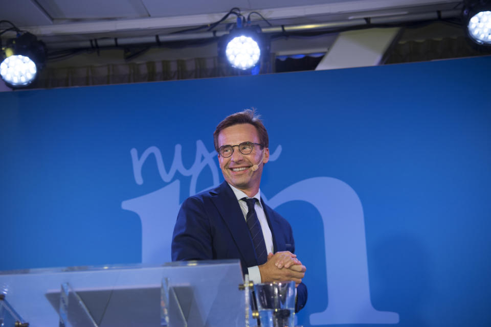 The Moderates party leader Ulf Kristersson speaks at an election party in Stockholm, Sweden, Sunday, Sept. 9, 2018. Kristersson, the head of the Moderates, told supporters on Sunday night that a four-party opposition alliance in parliament "is clearly the largest and the government should resign." (Henrik Montgomery/TT via AP)