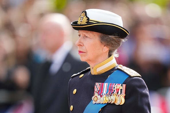 <div class="inline-image__caption"><p>Britain's Princess Anne, Princess Royal, follows the coffin of Queen Elizabeth II, adorned with a Royal Standard and the Imperial State Crown and pulled by a Gun Carriage of The King's Troop Royal Horse Artillery, during a procession from Buckingham Palace to the Palace of Westminster, in London on September 14, 2022.</p></div> <div class="inline-image__credit">MARTIN MEISSNER/POOL/AFP via Getty Images</div>