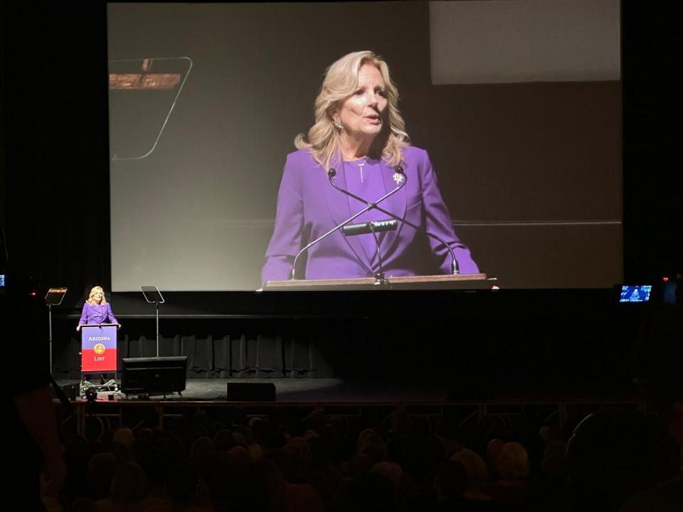 First lady Jill Biden addresses the crowd at Tucson's Fox Theatre on March 2, 2024.