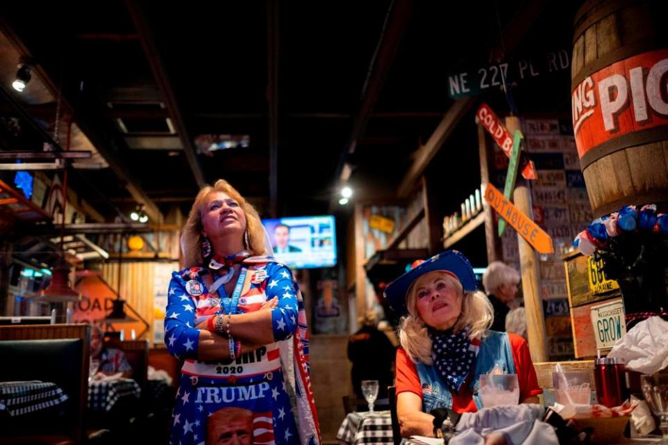 People watch a broadcast of Fox News showing presidential election returns at an election night watch party organized by group Villagers for Trump in The Villages, Florida, on 3 November.