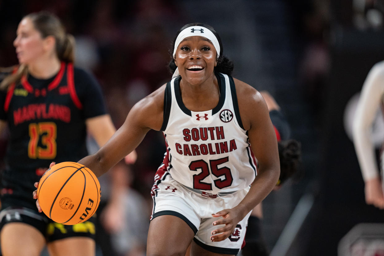South Carolina's Raven Johnson brings the ball up court against Maryland during their game at Colonial Life Arena in Columbia, South Carolina, on Nov. 12, 2023. (Photo by Jacob Kupferman/Getty Images)
