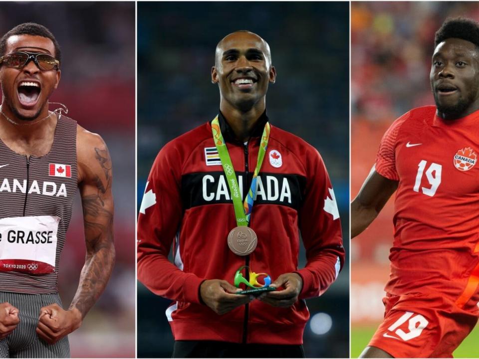 Star athletes (left-right) Andre De Grasse, Damian Warner and Alphonso Davies are among the favourites to win the 2021 Lou Marsh Trophy amid a growing chorus of voices questioning whether the name of the award should be changed. (Getty Images, The Canadian Press - image credit)