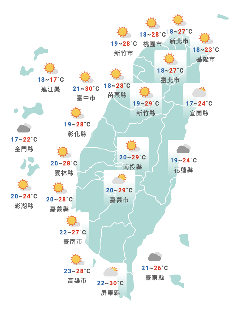 明日溫度預測。（圖／翻攝自中央氣象局官網）