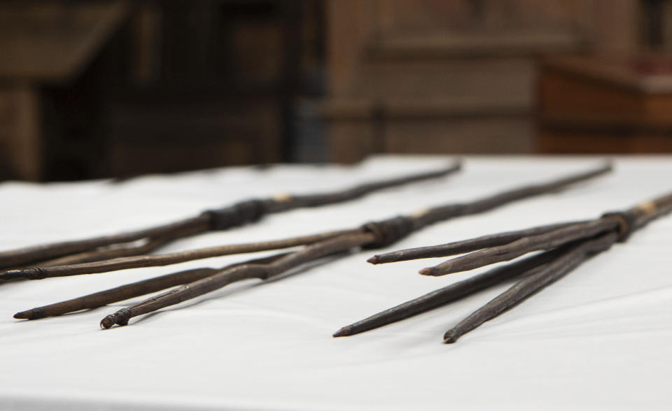 Undated handout photo issued by Cambridge University of four Aboriginal spears that were brought to England by Captain James Cook more than 250 years ago and have now been repatriated to Australia in a ceremony at Trinity College in Cambridge, Tuesday April 23, 2024. (Cambridge University via AP)