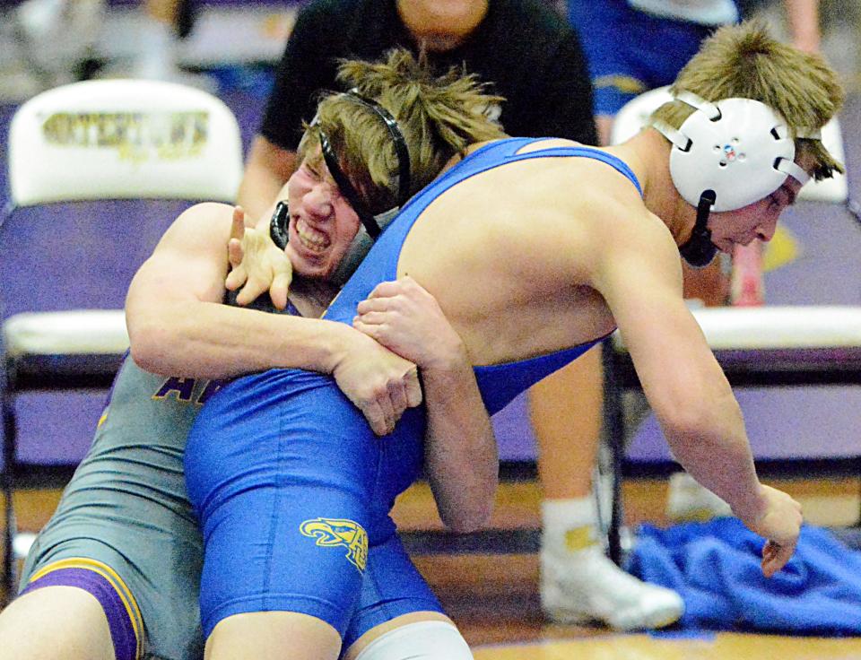 Watertown's Weston Everson maintains his hold on Aberdeen Central's Rayden Zens during their 126-pound match in an Eastern South Dakota Conference wrestling triangular on Thursday, Jan. 26, 2023 in the Watertown Civic Arena.