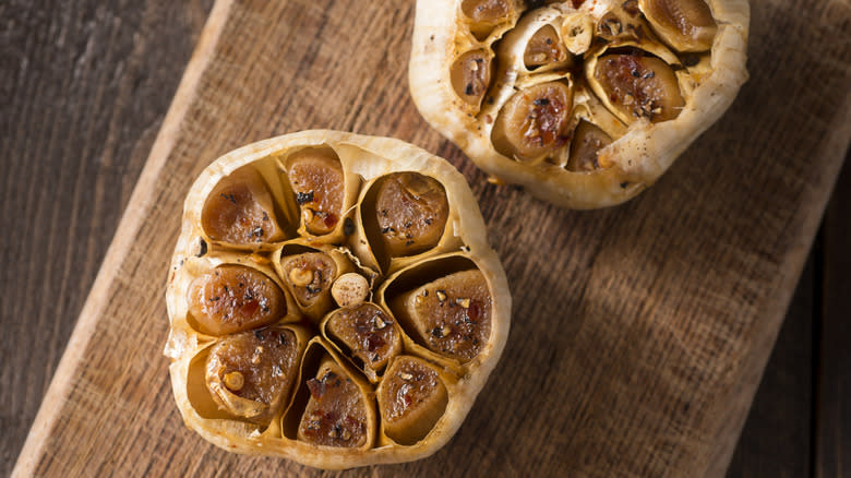 Roasted garlic on cutting board