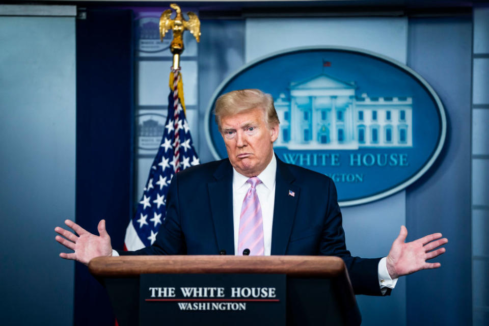 WASHINGTON, DC - APRIL 10 : President Donald J. Trump speaks with members of the coronavirus task force during a briefing in response to the COVID-19 coronavirus pandemic in the James S. Brady Press Briefing Room at the White House on Friday, April 10, 2020 in Washington, DC. (Photo by Jabin Botsford/The Washington Post via Getty Images)