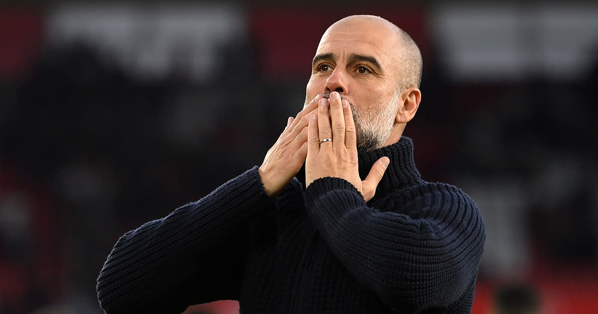  Manchester City manager Pep Guardiola acknowledges the fans after the team's victory during the Premier League match between Southampton FC and Manchester City at Friends Provident St. Mary's Stadium on April 08, 2023 in Southampton, England. 