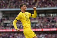 Chelsea's Mason Mount celebrates after scoring his side's second goal during the English FA Cup semifinal soccer match between Chelsea and Crystal Palace at Wembley stadium in London, Sunday, April 17, 2022. (AP Photo/Kirsty Wigglesworth)