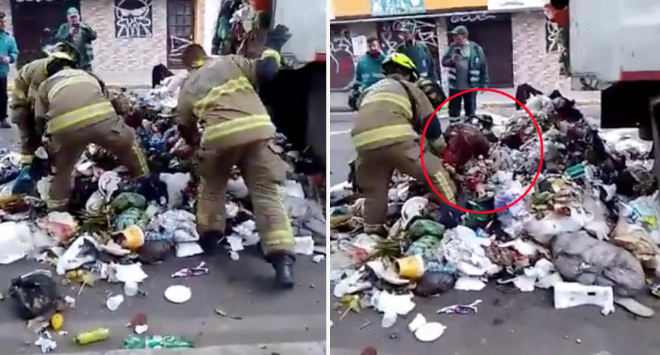 A man was pulled from a pile of rubbish that had been dumped in a bin moment before being crushed. Source: Jam Press
