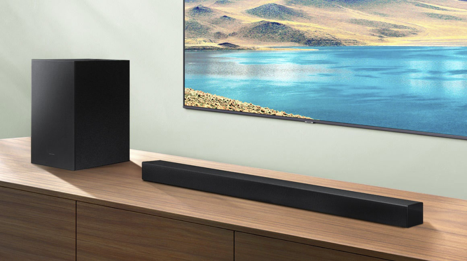 The Samsung HW-A430 consists of an under-TV speaker and wireless subwoofer. The latter can sit on the floor in a corner; it doesn&#39;t need to take up furniture space. (Photo: Samsung)