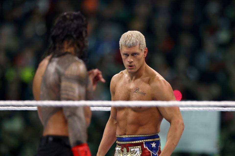 Cody Rhodes (right) won the Undisputed WWE Title from Roman Reigns at WrestleMania 40 (Getty Images)