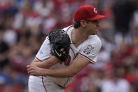 Cincinnati Reds starting pitcher Nick Lodolo follows through in the first inning of a baseball game against the Baltimore Orioles, Sunday, May 5, 2024, in Cincinnati. (AP Photo/Carolyn Kaster)