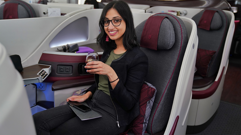 This is me on Qatar Airways' inaugural Doha to Lisbon flight. Europe, here I come! Photo: Yahoo Lifestyle