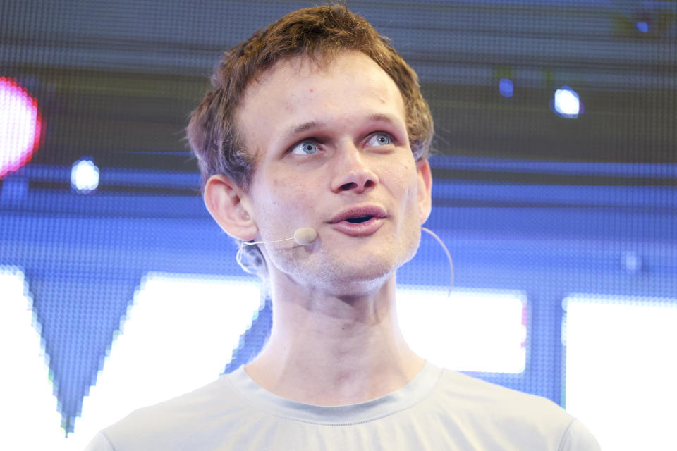 DENVER, CO - FEBRUARY 18: Ethereum co-founder Vitalik Buterin speaks at ETHDenver on February 18, 2022 in Denver, Colorado. ETHDenver is the largest and longest running Ethereum Blockchain event in the world with more than 15,000 cryptocurrency devotees attending the weeklong meetup. (Photo by Michael Ciaglo/Getty Images)