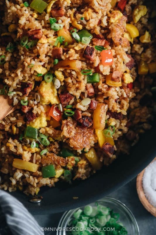 <p>Omnivore's Cookbook</p><p>Turn your leftover ham into a quick meal that tastes better than Chinese takeout. Learn all the secrets to creating the best fried rice without a wok. </p><p><strong>Get the recipe: <a href="https://omnivorescookbook.com/vegetables-egg-and-ham-fried-rice/" rel="nofollow noopener" target="_blank" data-ylk="slk:Leftover Ham Fried Rice with Pineapple;elm:context_link;itc:0;sec:content-canvas" class="link rapid-noclick-resp">Leftover Ham Fried Rice with Pineapple</a></strong></p>