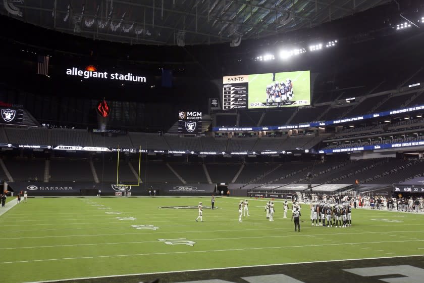 Las Vegas Raiders play against the New Orleans Saints during the second half of an NFL football game, Monday, Sept. 21, 2020, in Las Vegas. (AP Photo/Isaac Brekken)