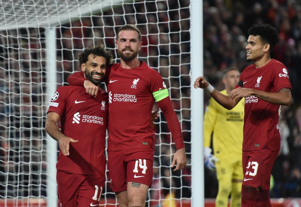 Mohamed Salah celebrates after scoring the second goal against Rangers at Anfield (Liverpool FC/Getty Images)