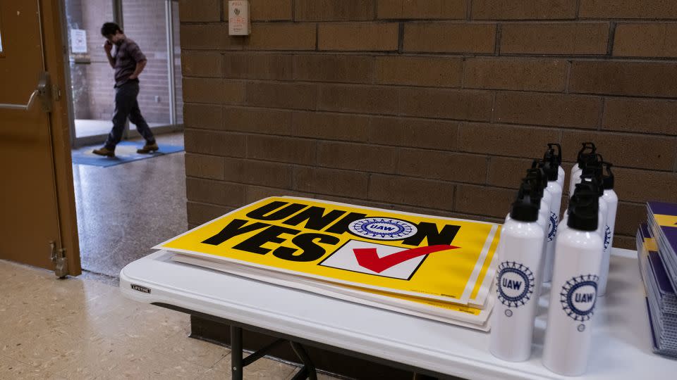 UAW signs and water bottles are shown inside the I.B.E.W. building in Chattanooga, Tennessee, on April 10. - Kevin Wurm/The Washington Post/Getty Images