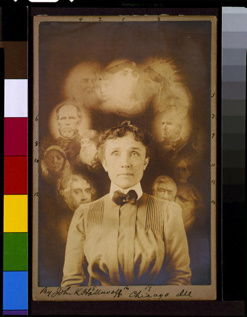 A "spirit" photograph, supposedly taken during a seance by S. W. Fallis in 1901. It's actually a double exposure or composite of superimposed cut-outs. (Library of Congress)