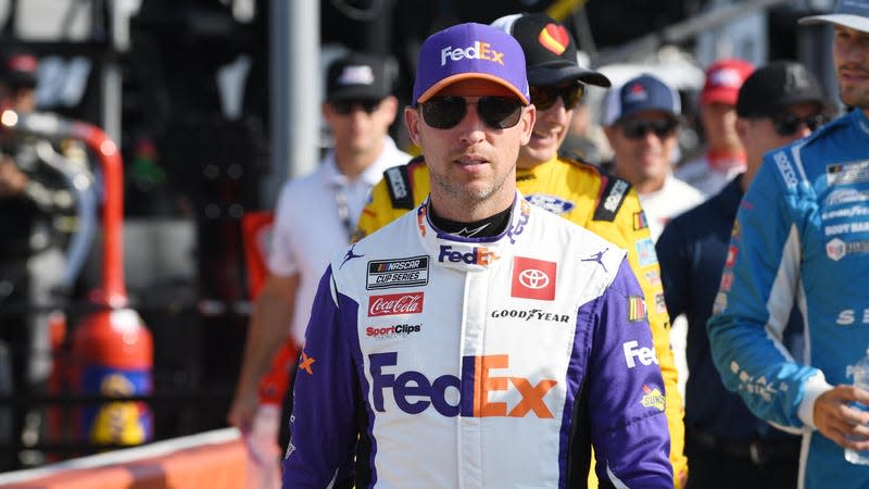 Denny Hamlin (#11 Joe Gibbs Racing FedEx Ground Toyota) looks on prior to the running of the NASCAR Cup Series Ally 400 on June 25, 2023, at Nashville Superspeedway in Lebanon, TN.