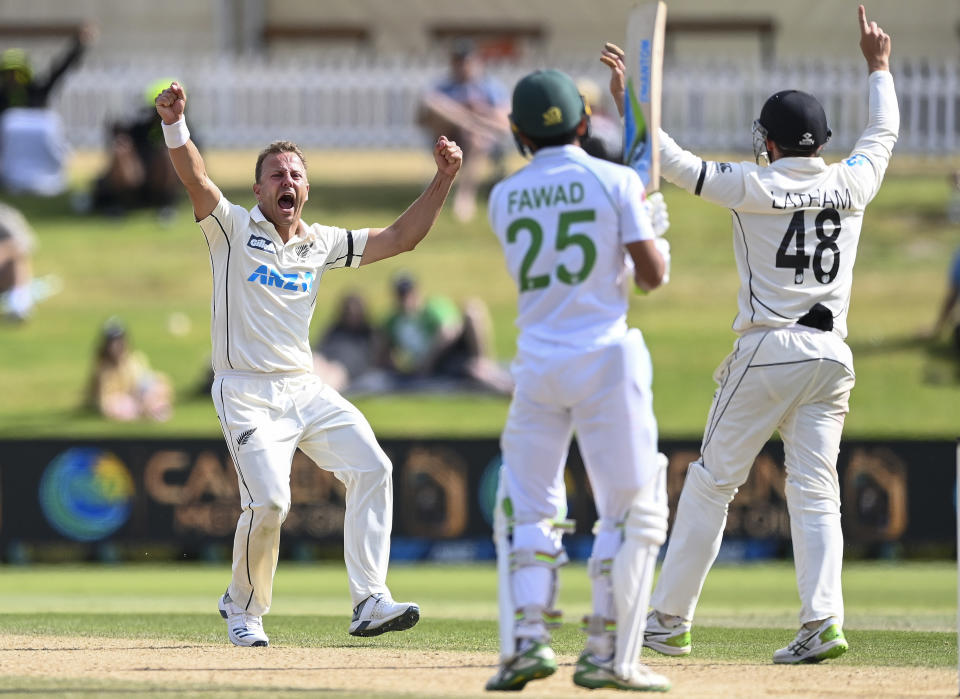 New Zealand bowler Neil Wagner celebrates the wicket of Pakistan's Fawad Alam during play on the final day of the first cricket test between Pakistan and New Zealand at Bay Oval, Mount Maunganui, New Zealand, Wednesday, Dec. 30, 2020. (Andrew Cornaga/Photosport via AP)