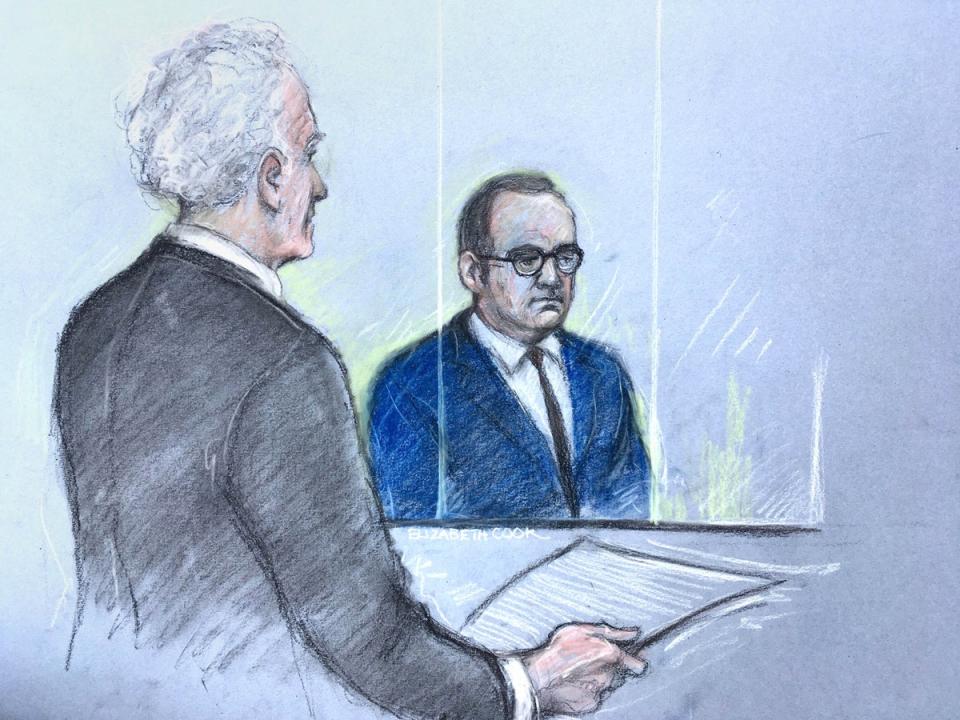 Spacey (right) in the dock at Westminster Magistrates’ Court last month (Elizabeth Cook/PA) (PA Wire)